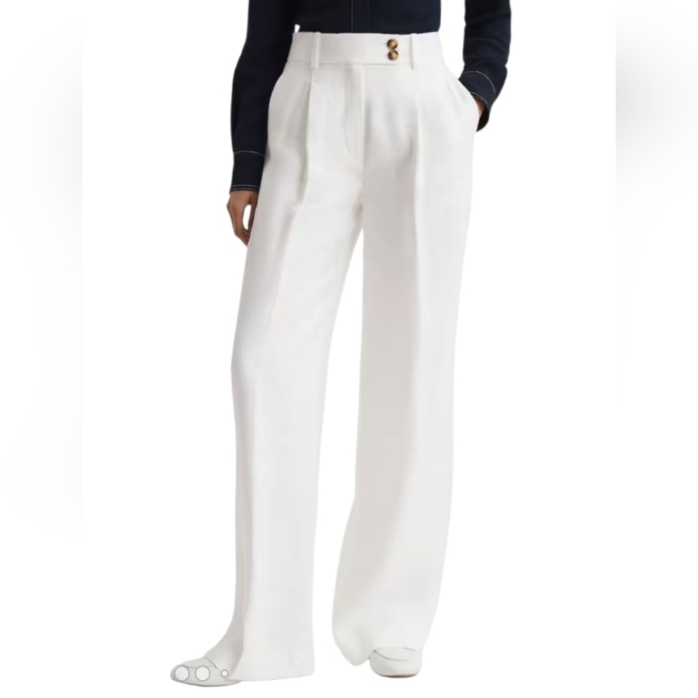 Reiss Hollie Minimalist Quiet Luxury White Linen Blend Pleated Pants Pockets sz4